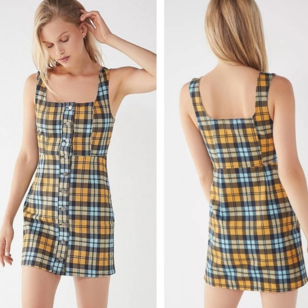 NEW Urban Outfitters Button Down Denim Mini Dress Plaid Yellow/Blue Size 6